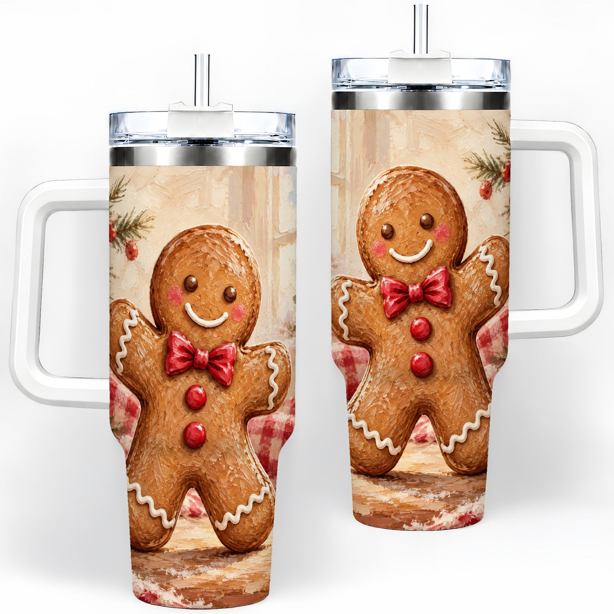 Gingerbread Man 40oz Handled Tumbler, Festive Cookie Painting Art