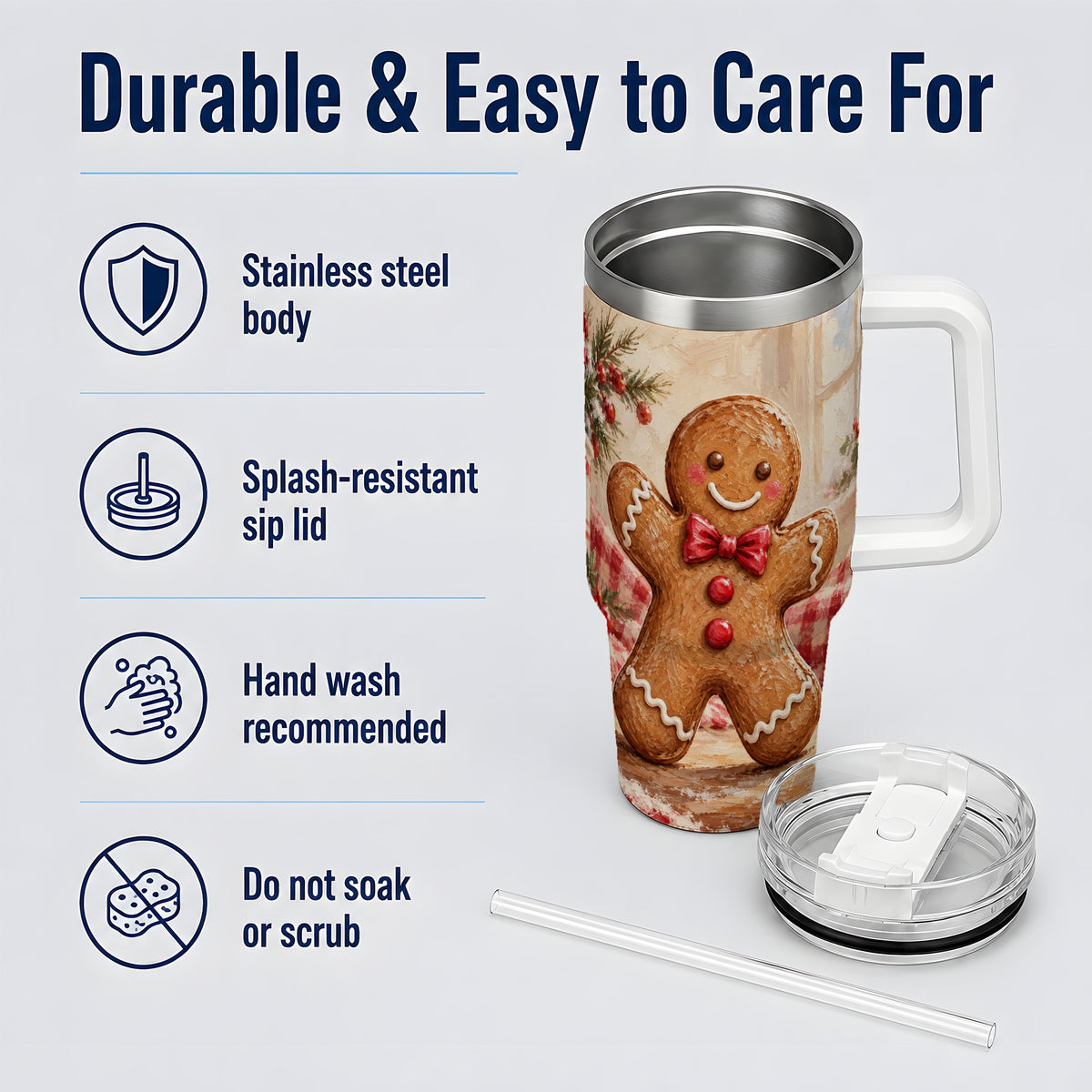 Gingerbread Man 40oz Handled Tumbler, Festive Cookie Painting Art