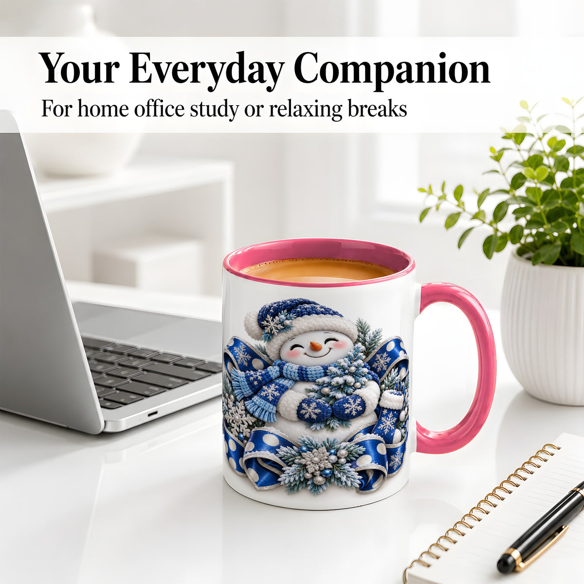 #pl[11oz|Pink] Blue Christmas Snowman Accent Mug, Ceramic Cup with Winter Artwork