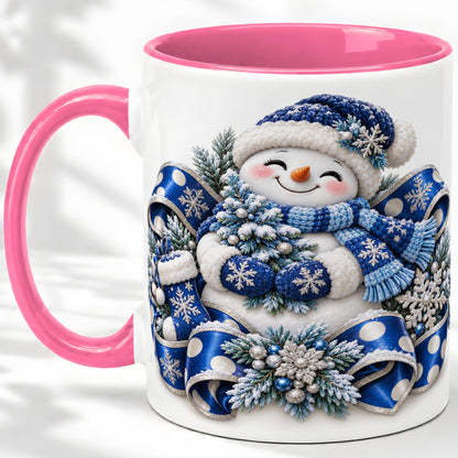 #pl[11oz|Pink] Blue Christmas Snowman Accent Mug, Ceramic Cup with Winter Artwork