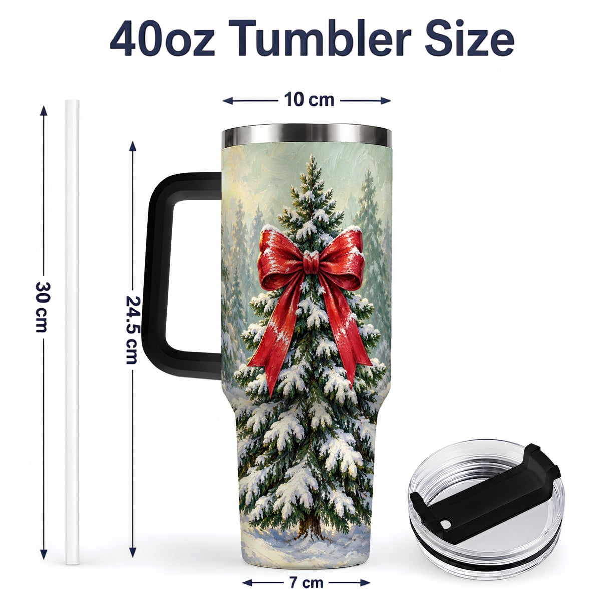#pl[40oz|Black] Snowy Christmas Tree 40oz Handled Tumbler, Red Bow Winter Artwork
