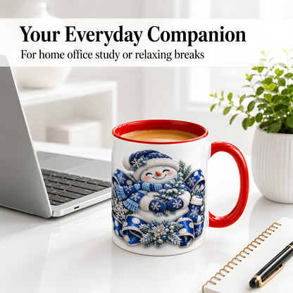 #pl[11oz|Red] Blue Christmas Snowman Accent Mug, Ceramic Cup with Winter Artwork