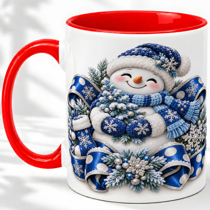 Blue Christmas Snowman Accent Mug, Ceramic Cup with Winter Artwork