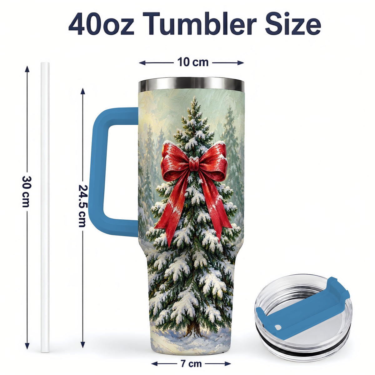 #pl[40oz|Blue] Snowy Christmas Tree 40oz Handled Tumbler, Red Bow Winter Artwork