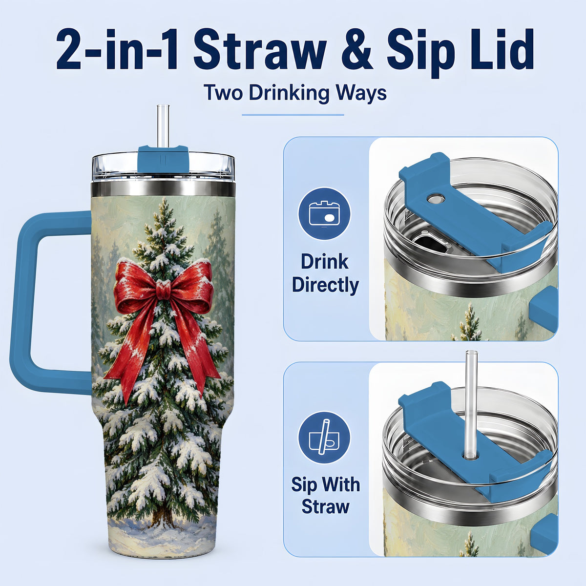 #pl[40oz|Blue] Snowy Christmas Tree 40oz Handled Tumbler, Red Bow Winter Artwork