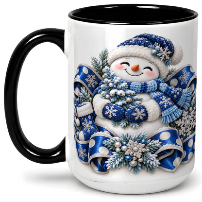 #pl[15oz|Black] Blue Christmas Snowman Accent Mug, Ceramic Cup with Winter Artwork