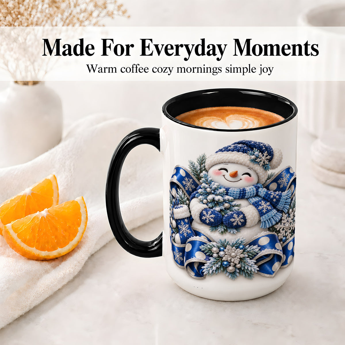 #pl[15oz|Black] Blue Christmas Snowman Accent Mug, Ceramic Cup with Winter Artwork