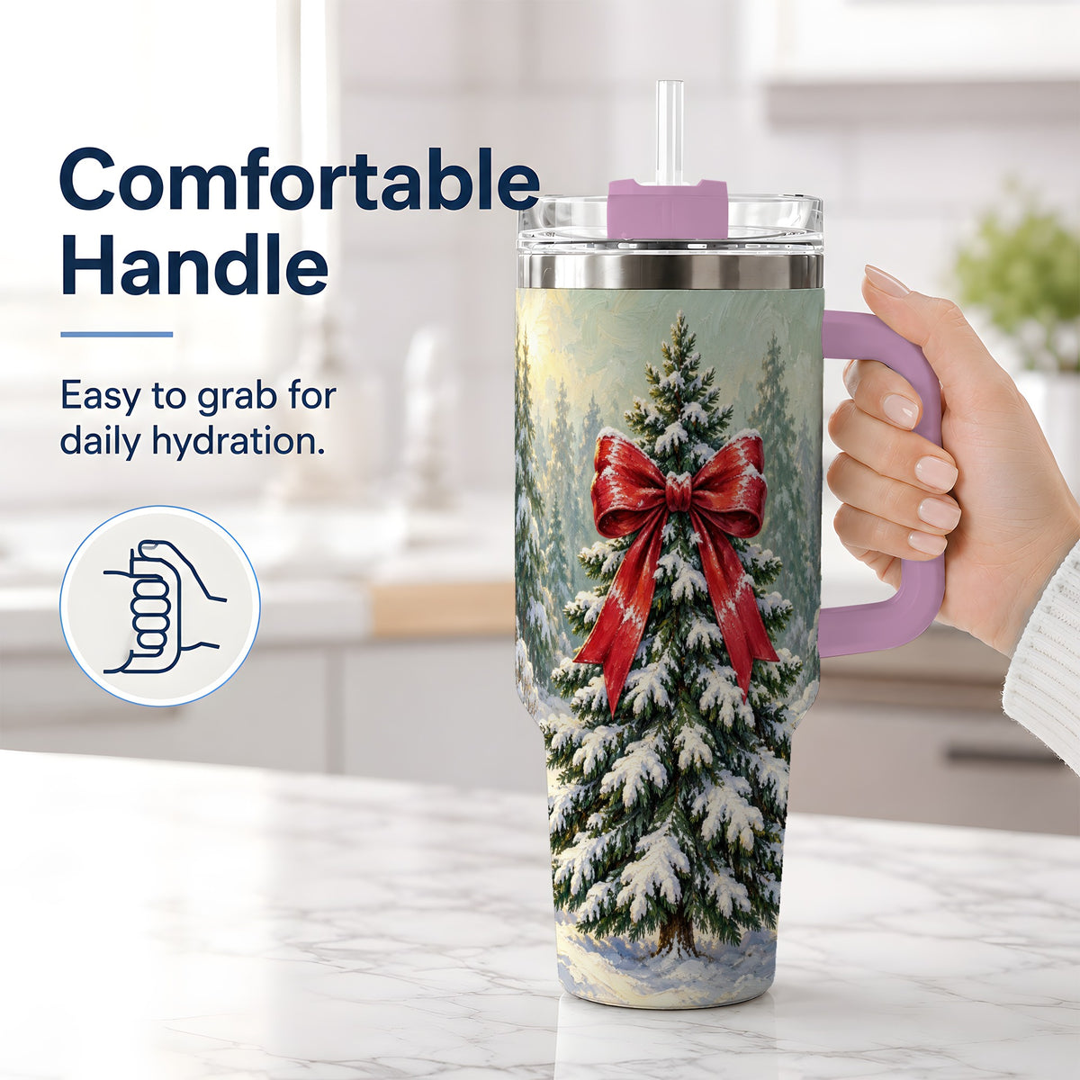 #pl[40oz|Pink] Snowy Christmas Tree 40oz Handled Tumbler, Red Bow Winter Artwork