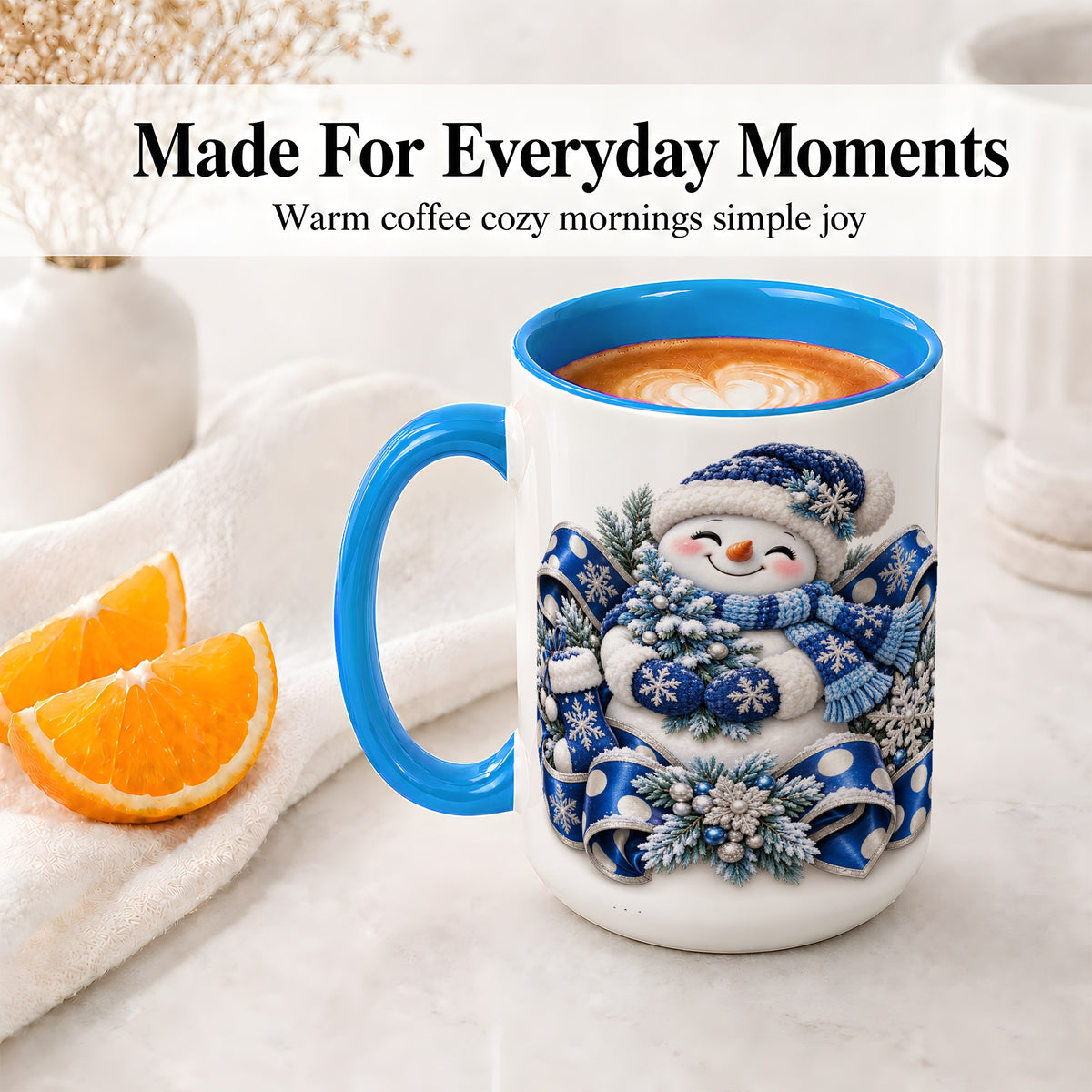 #pl[15oz|Blue] Blue Christmas Snowman Accent Mug, Ceramic Cup with Winter Artwork