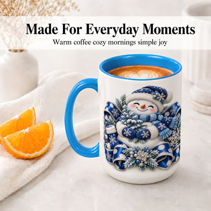 #pl[15oz|Blue] Blue Christmas Snowman Accent Mug, Ceramic Cup with Winter Artwork