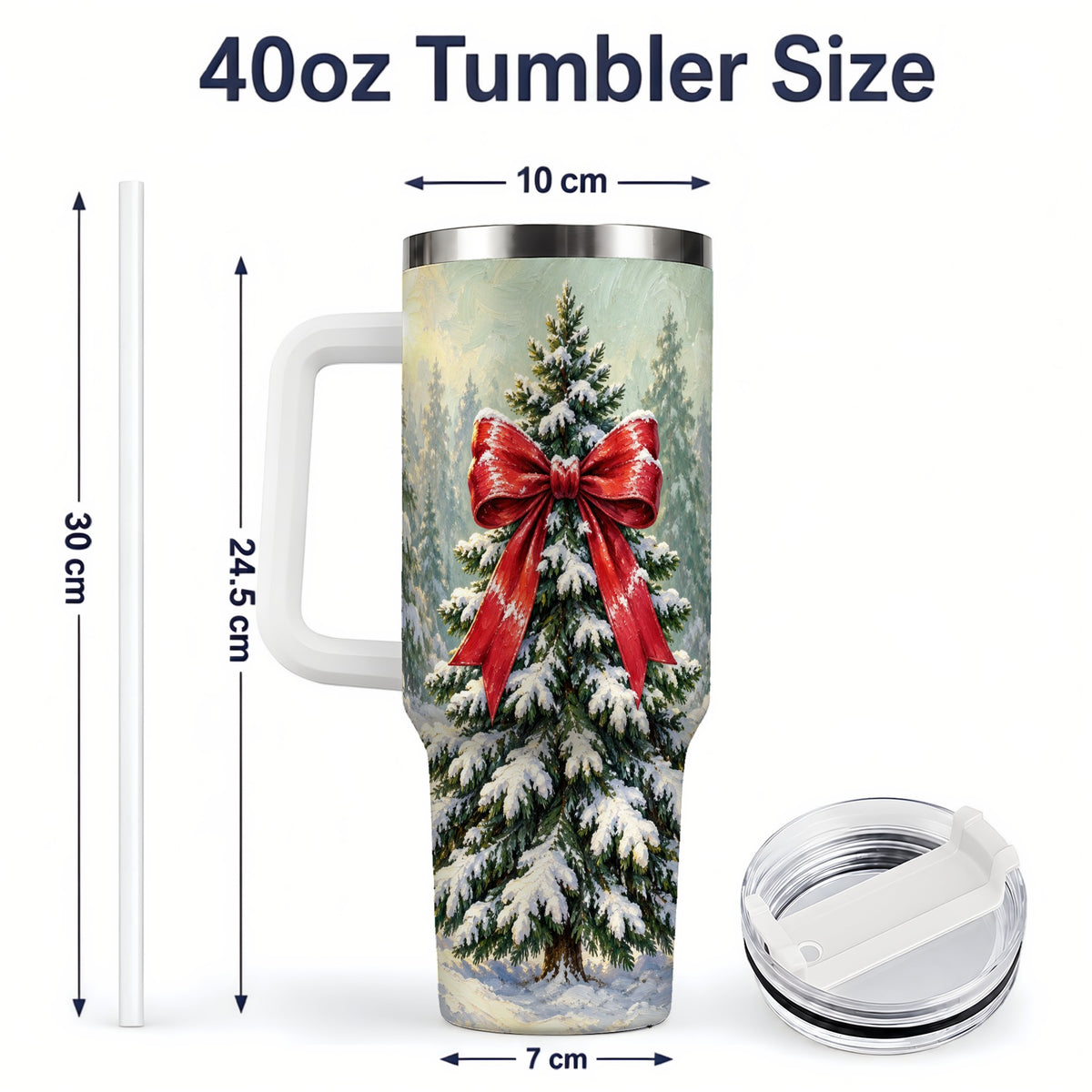 #pl[40oz|White] Snowy Christmas Tree 40oz Handled Tumbler, Red Bow Winter Artwork