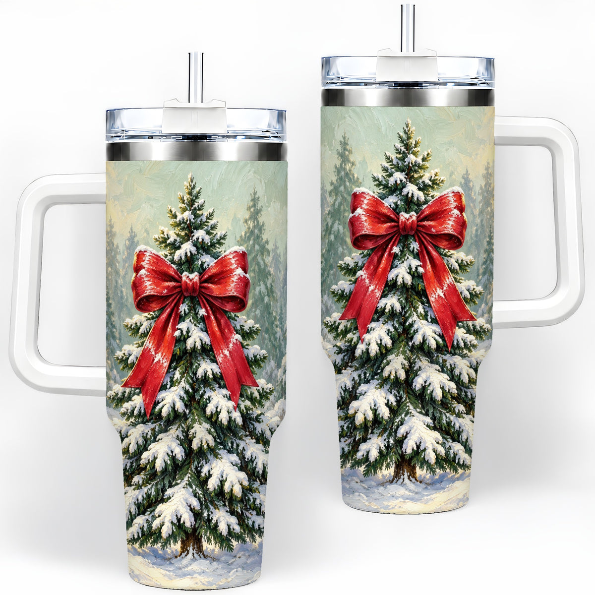 Snowy Christmas Tree 40oz Handled Tumbler, Red Bow Winter Artwork