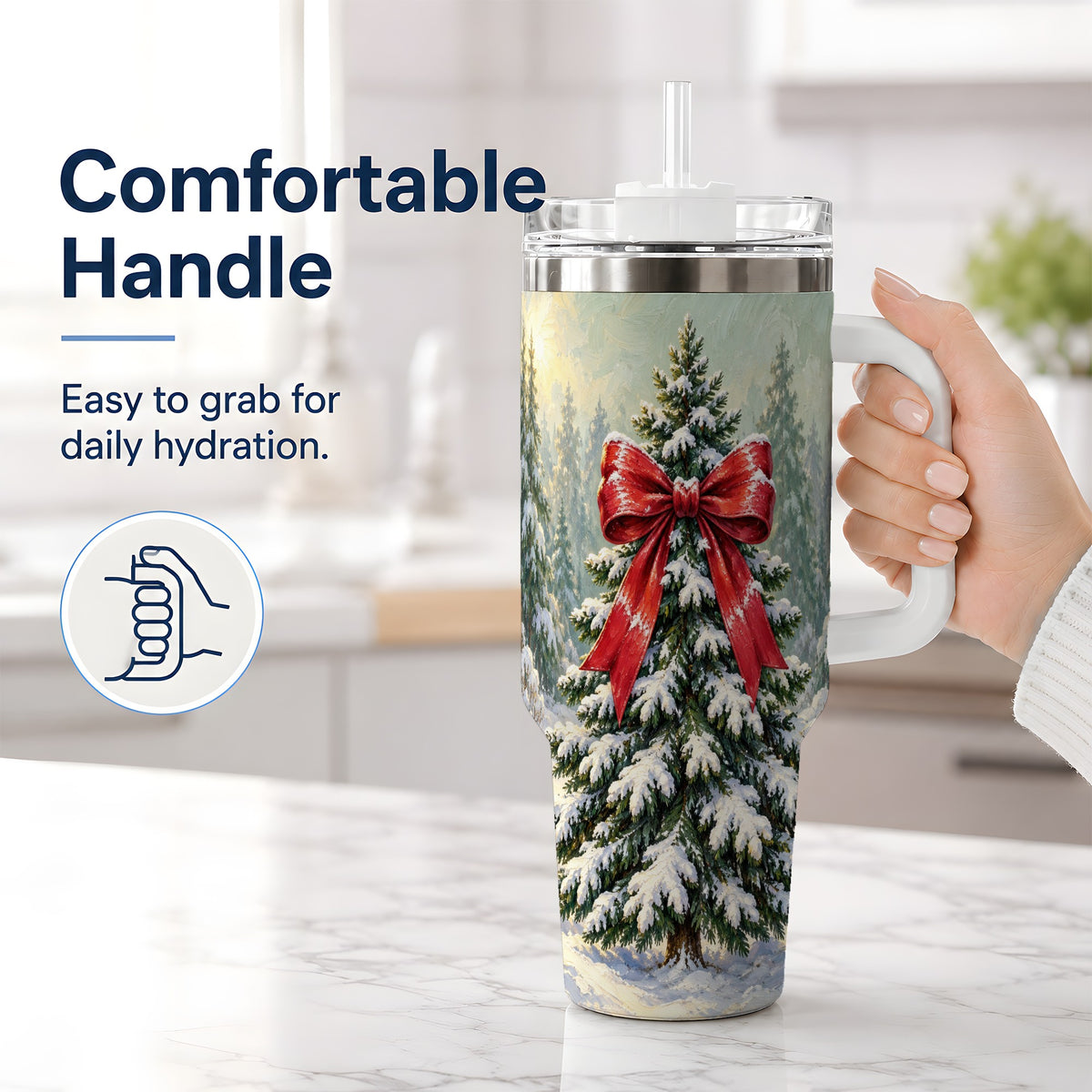 #pl[40oz|White] Snowy Christmas Tree 40oz Handled Tumbler, Red Bow Winter Artwork