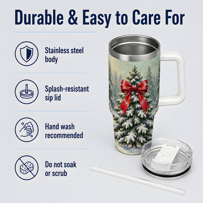 Snowy Christmas Tree 40oz Handled Tumbler, Red Bow Winter Artwork