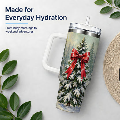 Snowy Christmas Tree 40oz Handled Tumbler, Red Bow Winter Artwork
