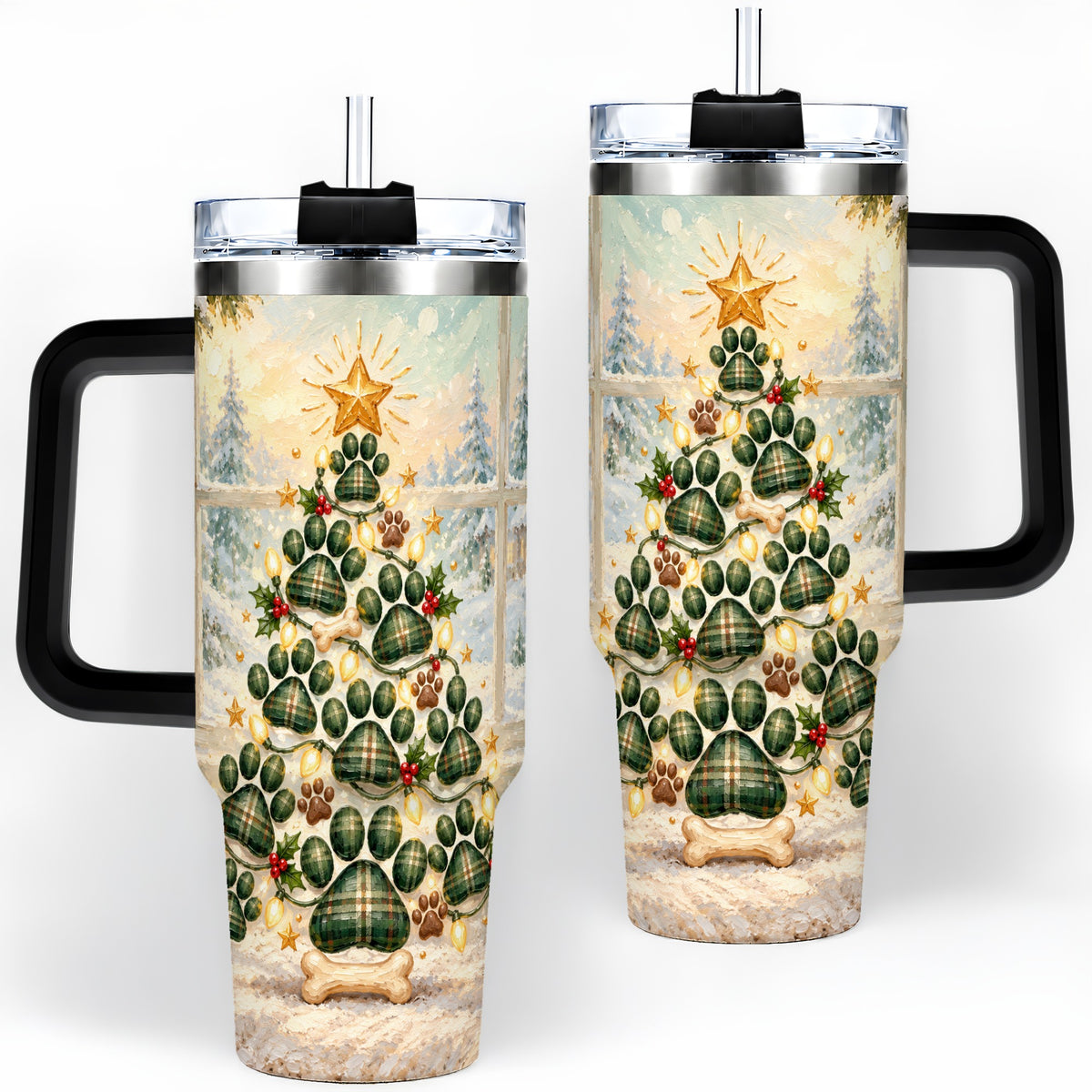 #pl[40oz|Black] Christmas Paw Print Tree 40oz Handled Tumbler, Plaid Dog Artwork