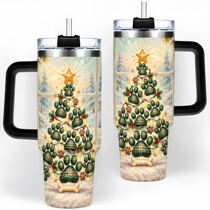 #pl[40oz|Black] Christmas Paw Print Tree 40oz Handled Tumbler, Plaid Dog Artwork