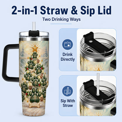 #pl[40oz|Black] Christmas Paw Print Tree 40oz Handled Tumbler, Plaid Dog Artwork