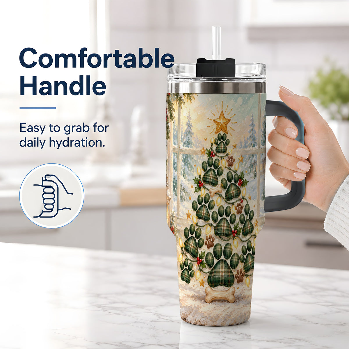 #pl[40oz|Black] Christmas Paw Print Tree 40oz Handled Tumbler, Plaid Dog Artwork
