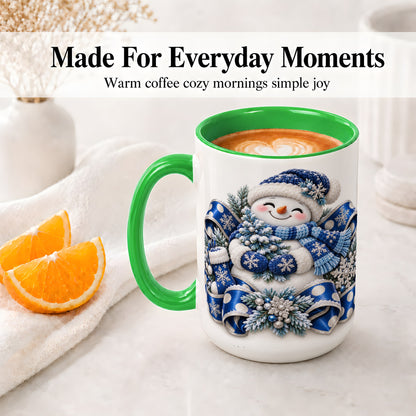 #pl[15oz|Green] Blue Christmas Snowman Accent Mug, Ceramic Cup with Winter Artwork