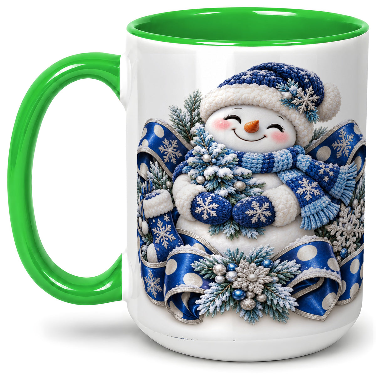 #pl[15oz|Green] Blue Christmas Snowman Accent Mug, Ceramic Cup with Winter Artwork