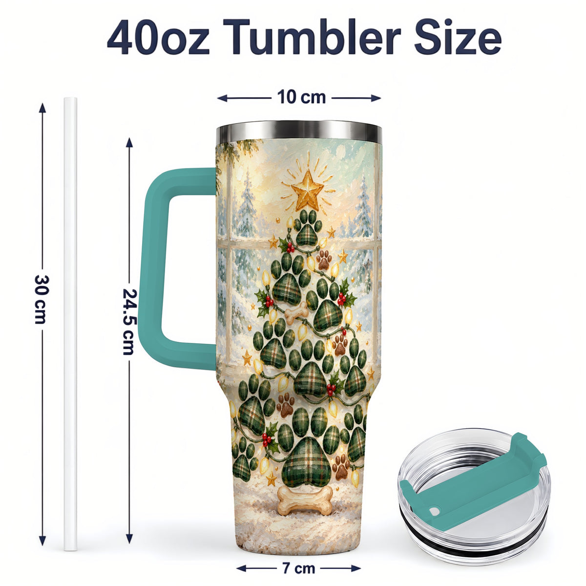 #pl[40oz|Green] Christmas Paw Print Tree 40oz Handled Tumbler, Plaid Dog Artwork