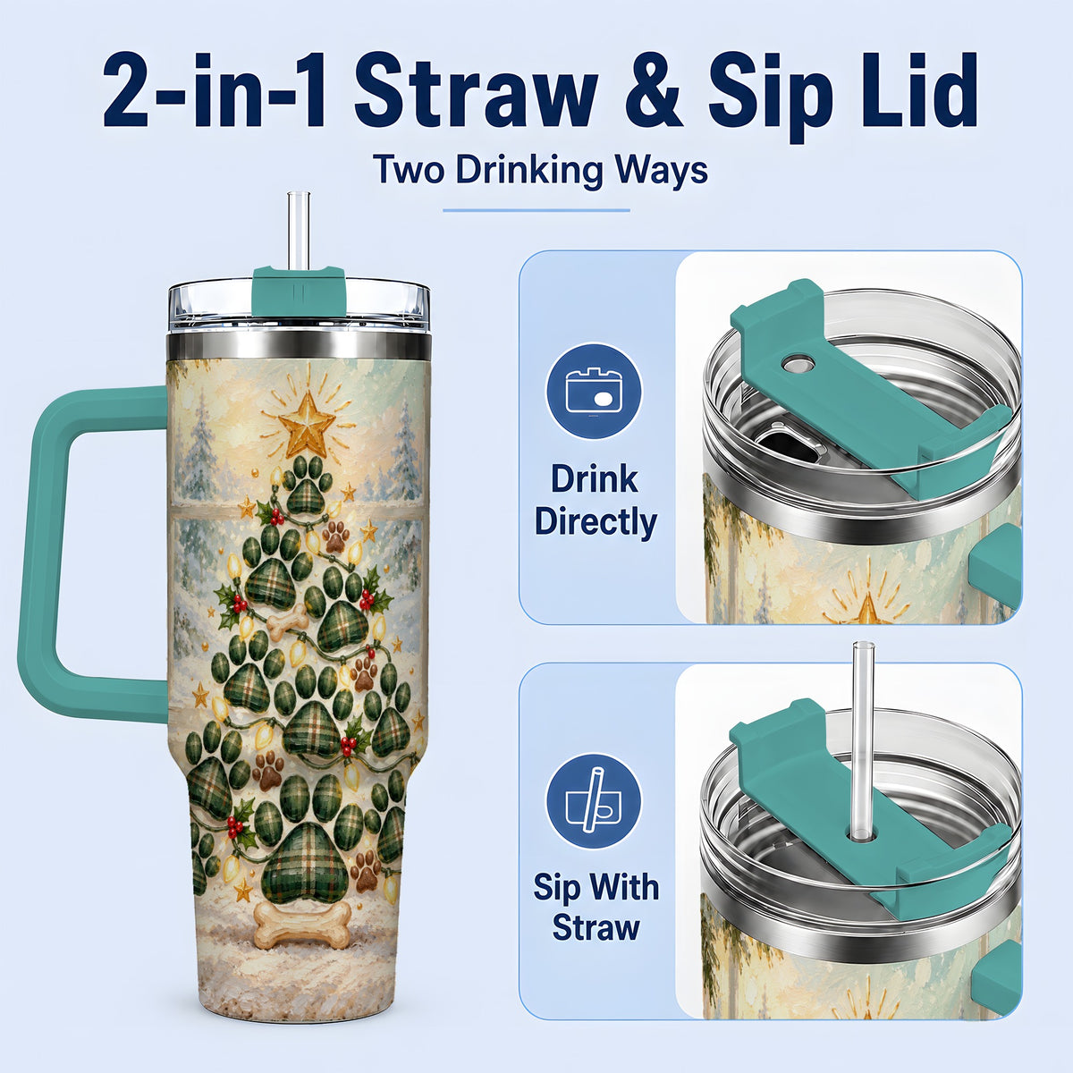 #pl[40oz|Green] Christmas Paw Print Tree 40oz Handled Tumbler, Plaid Dog Artwork