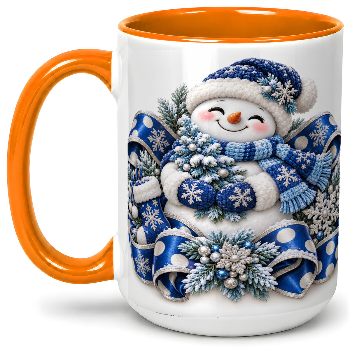 #pl[15oz|Orange] Blue Christmas Snowman Accent Mug, Ceramic Cup with Winter Artwork