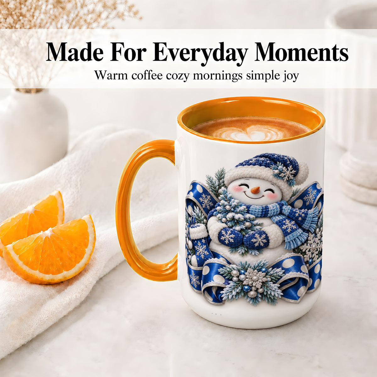 #pl[15oz|Orange] Blue Christmas Snowman Accent Mug, Ceramic Cup with Winter Artwork