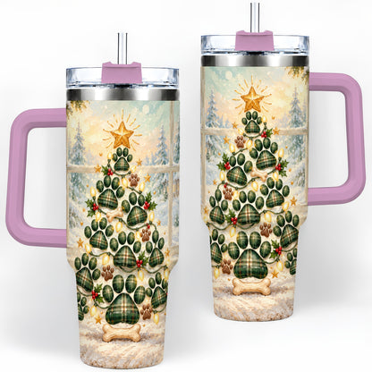 #pl[40oz|Pink] Christmas Paw Print Tree 40oz Handled Tumbler, Plaid Dog Artwork