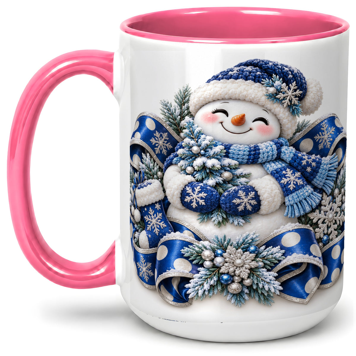 #pl[15oz|Pink] Blue Christmas Snowman Accent Mug, Ceramic Cup with Winter Artwork