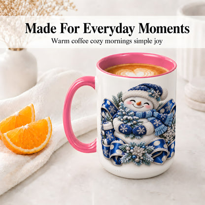 #pl[15oz|Pink] Blue Christmas Snowman Accent Mug, Ceramic Cup with Winter Artwork