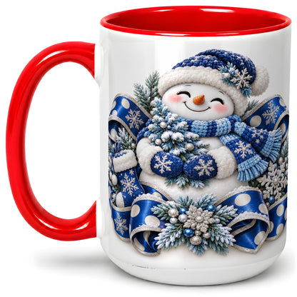 #pl[15oz|Red] Blue Christmas Snowman Accent Mug, Ceramic Cup with Winter Artwork