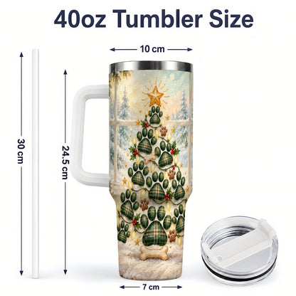 #pl[40oz|White] Christmas Paw Print Tree 40oz Handled Tumbler, Plaid Dog Artwork