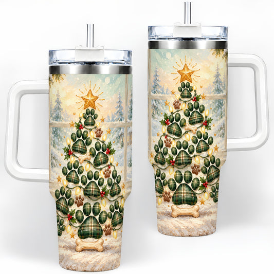 Christmas Paw Print Tree 40oz Handled Tumbler, Plaid Dog Artwork