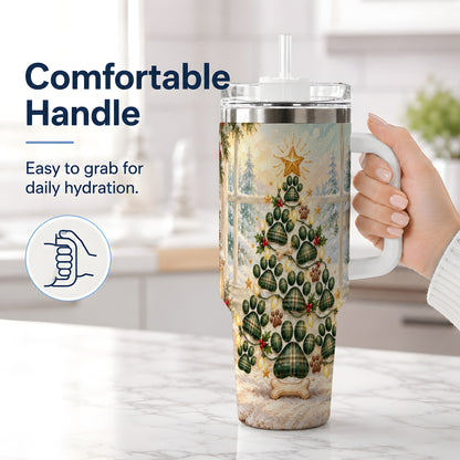 #pl[40oz|White] Christmas Paw Print Tree 40oz Handled Tumbler, Plaid Dog Artwork