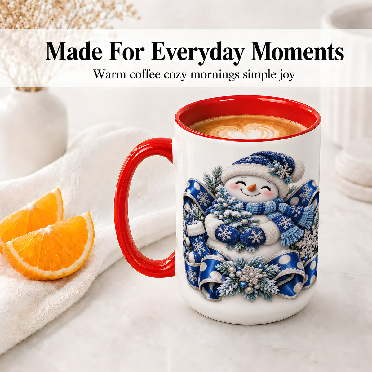 #pl[15oz|Red] Blue Christmas Snowman Accent Mug, Ceramic Cup with Winter Artwork