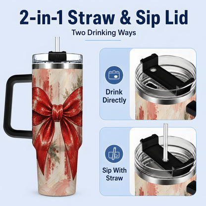 #pl[40oz|Black] Christmas Red Bow 40oz Handled Tumbler, Vintage Holiday Artwork