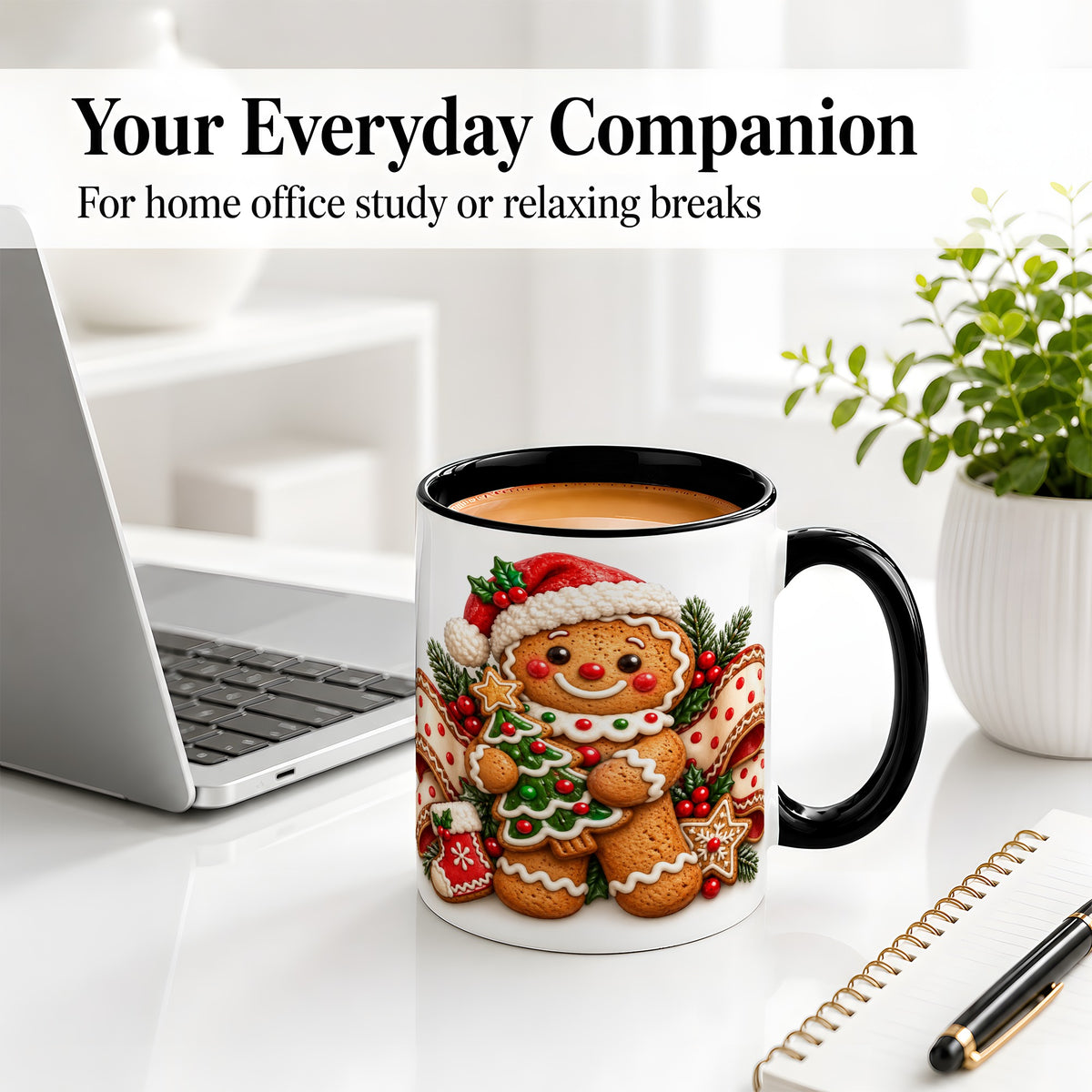 #pl[11oz|Black] Christmas Gingerbread Man Accent Mug, Ceramic Cup with Festive Art