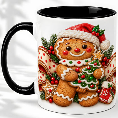 #pl[11oz|Black] Christmas Gingerbread Man Accent Mug, Ceramic Cup with Festive Art