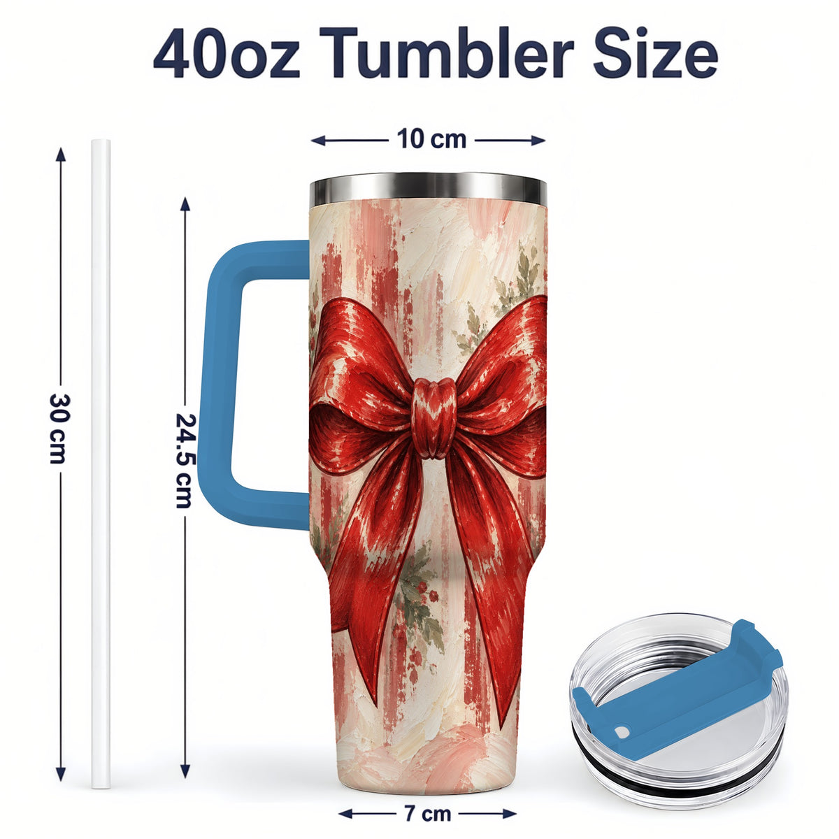 #pl[40oz|Blue] Christmas Red Bow 40oz Handled Tumbler, Vintage Holiday Artwork