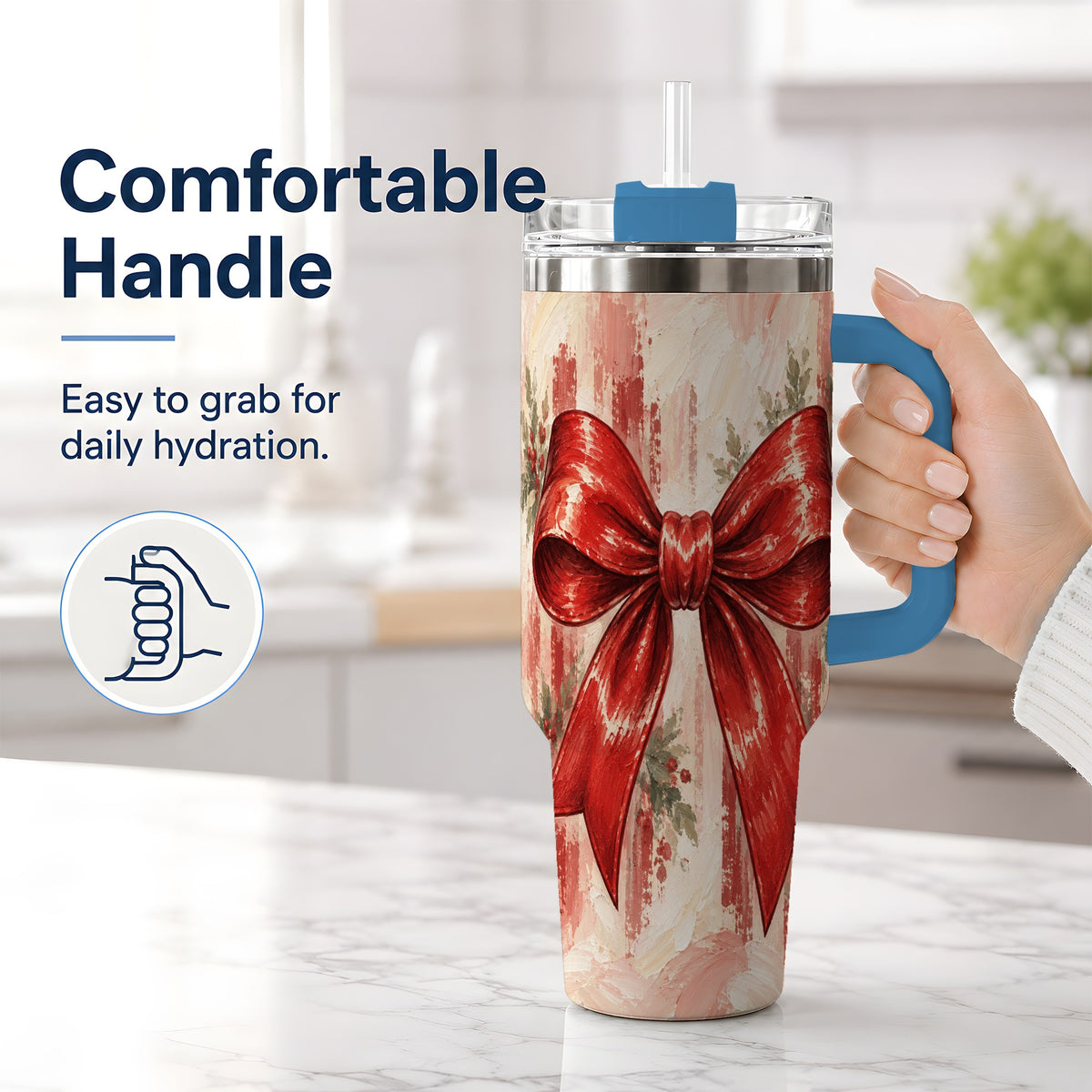 #pl[40oz|Blue] Christmas Red Bow 40oz Handled Tumbler, Vintage Holiday Artwork