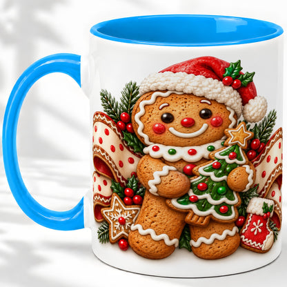 #pl[11oz|Blue] Christmas Gingerbread Man Accent Mug, Ceramic Cup with Festive Art