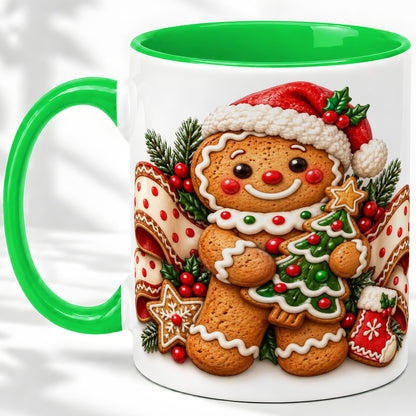 #pl[11oz|Green] Christmas Gingerbread Man Accent Mug, Ceramic Cup with Festive Art