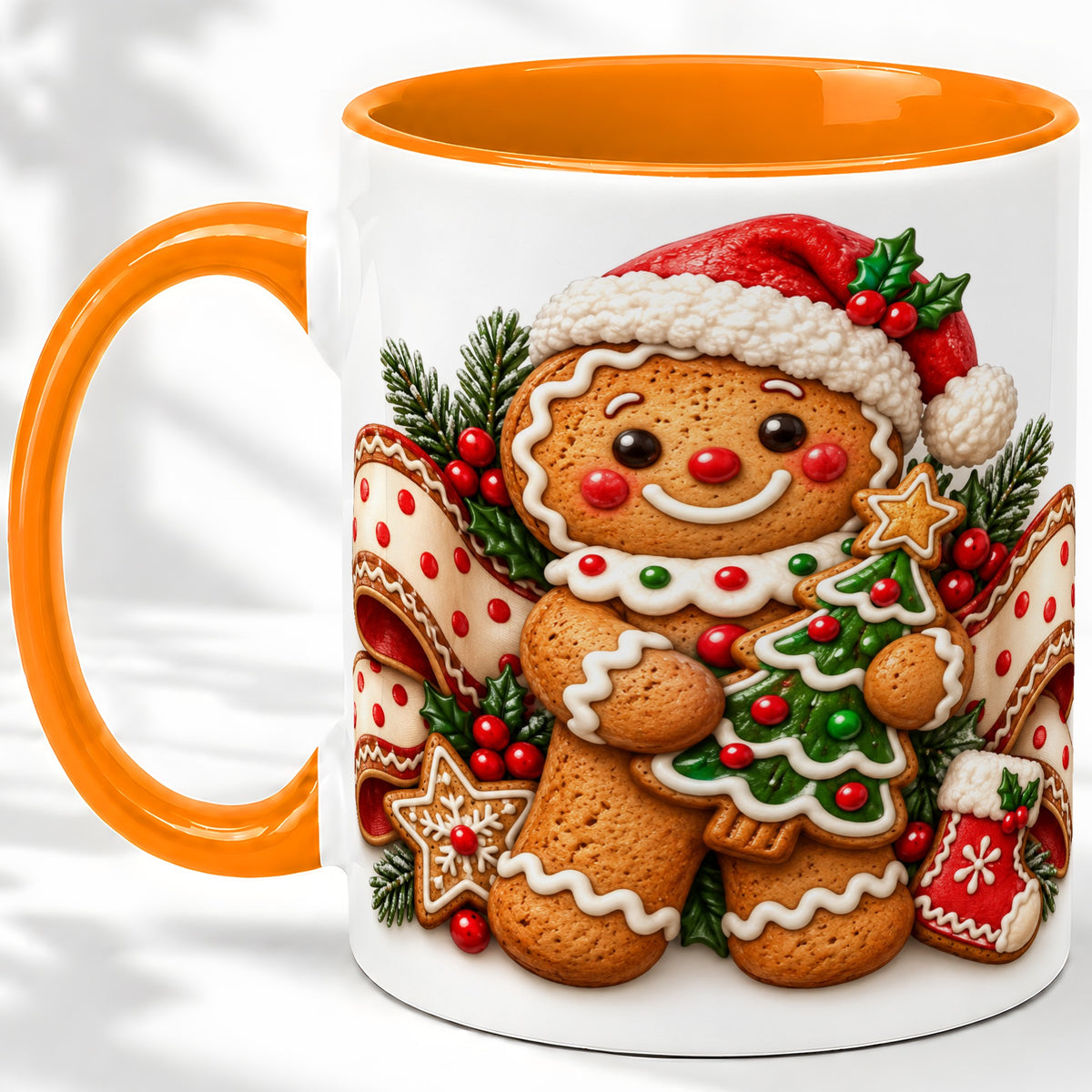 #pl[11oz|Orange] Christmas Gingerbread Man Accent Mug, Ceramic Cup with Festive Art