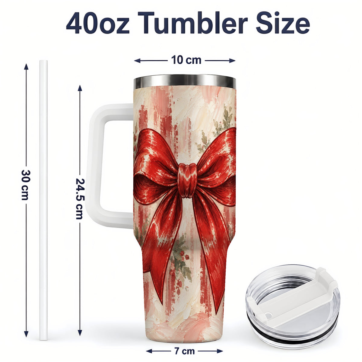 #pl[40oz|White] Christmas Red Bow 40oz Handled Tumbler, Vintage Holiday Artwork