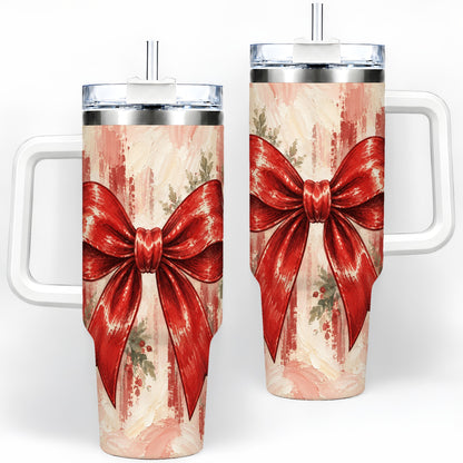 Christmas Red Bow 40oz Handled Tumbler, Vintage Holiday Artwork