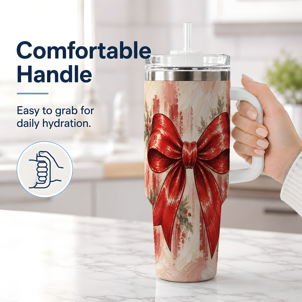 #pl[40oz|White] Christmas Red Bow 40oz Handled Tumbler, Vintage Holiday Artwork