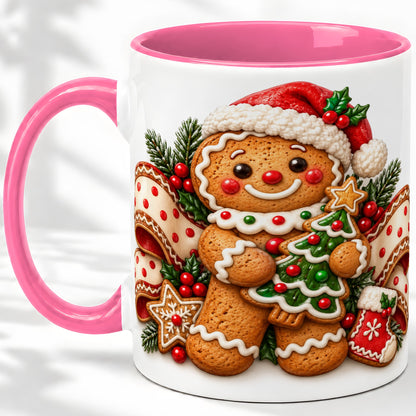 #pl[11oz|Pink] Christmas Gingerbread Man Accent Mug, Ceramic Cup with Festive Art