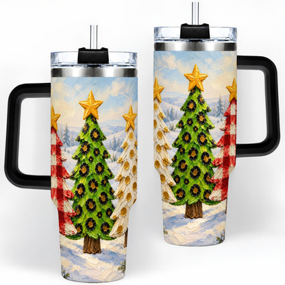 #pl[40oz|Black] Patterned Christmas Trees 40oz Handled Tumbler, Leopard Print Art